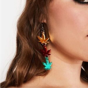 Rolita Rave Couture 420 Earrings ✦ Red Gold Green Acrylic Leaf Dangles ✦ NWT